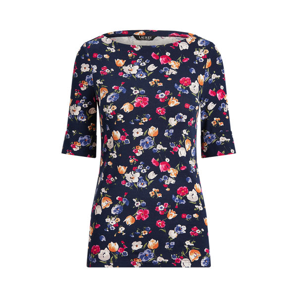 Refined Navy Multi Floral Cotton-Blend Boatneck Top Lauren 2
