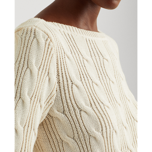 Mascarpone Cream Cable-Knit Cotton Boatneck Jumper Lauren Petite 6