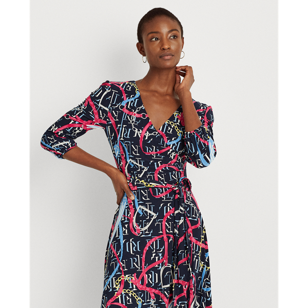 Navy/Pink Sky/Multi Print Jersey Surplice Dress Lauren 4