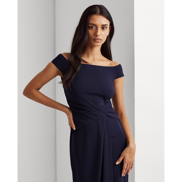 Lighthouse Navy Crepe Off-the-Shoulder Gown Lauren 4