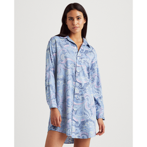 Blue Paisley Print Sateen-Cotton Sleep Shirt Lauren 4