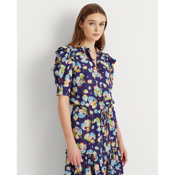 Blue Multi Floral Georgette Elbow-Sleeve Dress Lauren Petite 4