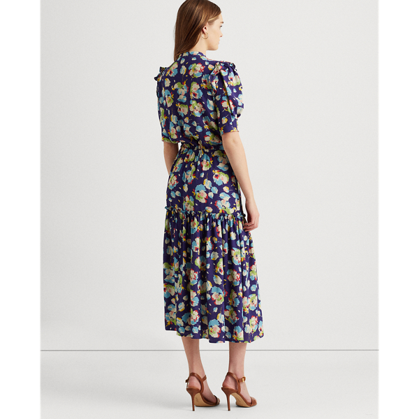 Blue Multi Floral Georgette Elbow-Sleeve Dress Lauren Petite 5