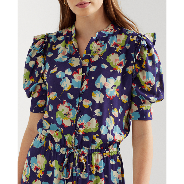 Blue Multi Floral Georgette Elbow-Sleeve Dress Lauren Petite 6