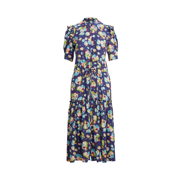 Blue Multi Floral Georgette Elbow-Sleeve Dress Lauren Petite 2
