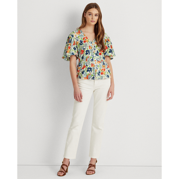 Cream Multi Floral Linen Jersey Peplum Top Lauren 4