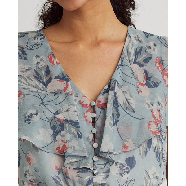 Blue Multi Floral Crinkled Georgette Dress Lauren 6