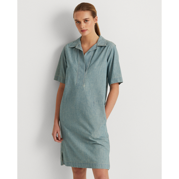 【RALPH LAUREN】デニム ポイントカラー 半袖 膝丈 シフトドレス Chambray Shift Dress