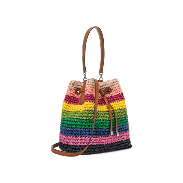 Bright Stripe/Lauren Tan Crochet-Straw Debby Drawstring Bag Lauren 3