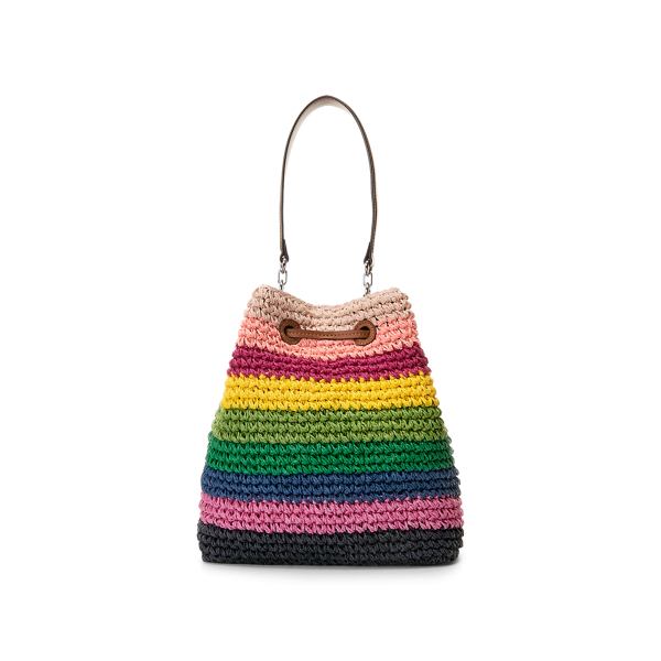 Bright Stripe/Lauren Tan Crochet-Straw Debby Drawstring Bag Lauren 4