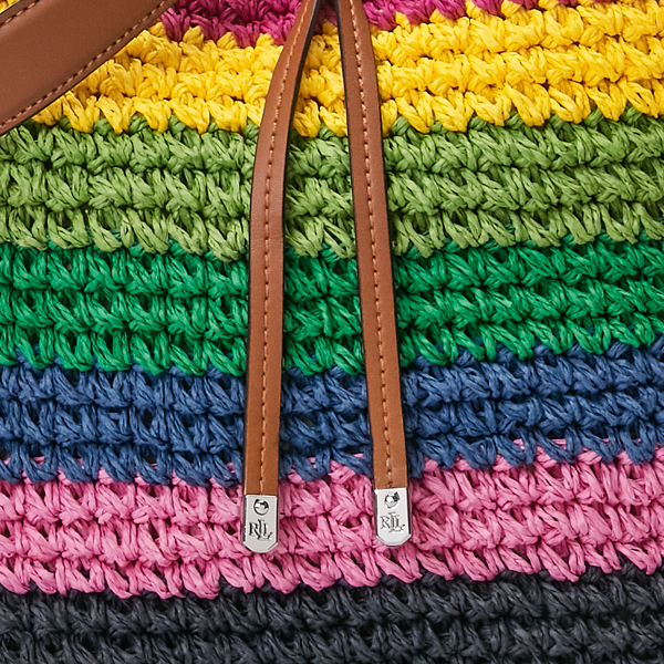 Bright Stripe/Lauren Tan Crochet-Straw Debby Drawstring Bag Lauren 6