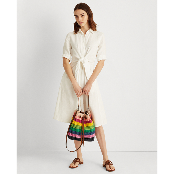 Bright Stripe/Lauren Tan Crochet-Straw Debby Drawstring Bag Lauren 7