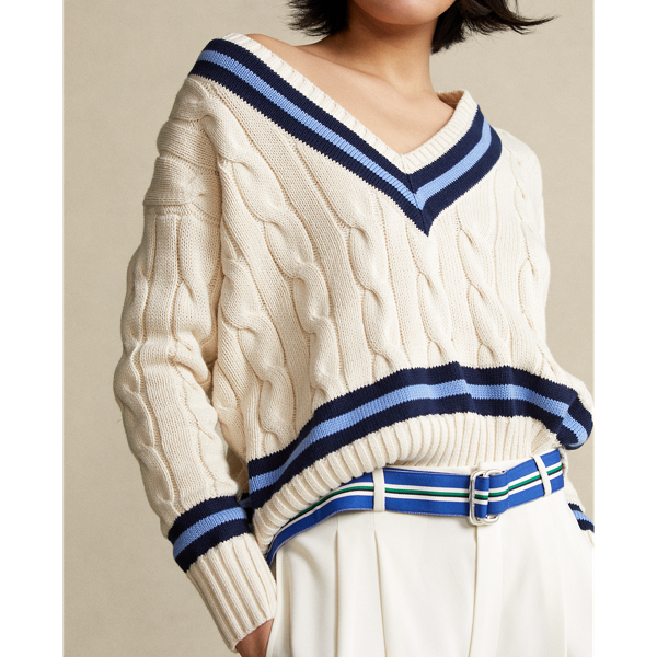 Cream W/ Navy Stripe Cable-Knit Cricket Jumper Polo Ralph Lauren 5