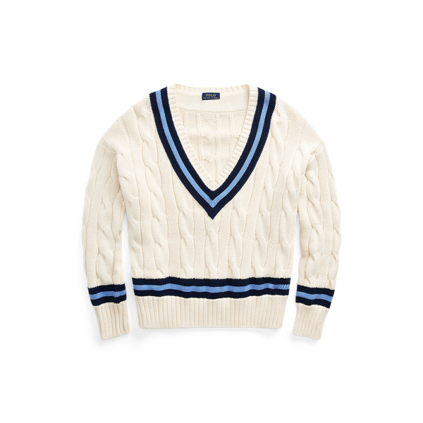 Cream W/ Navy Stripe Cable-Knit Cricket Jumper Polo Ralph Lauren 2
