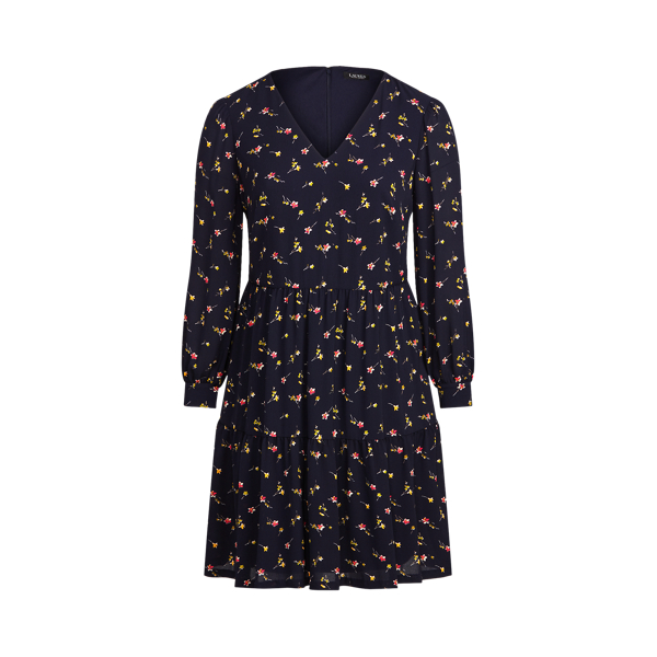 Floral Bishop-Sleeve Crepe Dress Lauren Woman 1