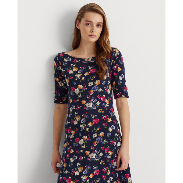 Refined Navy Multi Floral Stretch Cotton Midi Dress Lauren 4