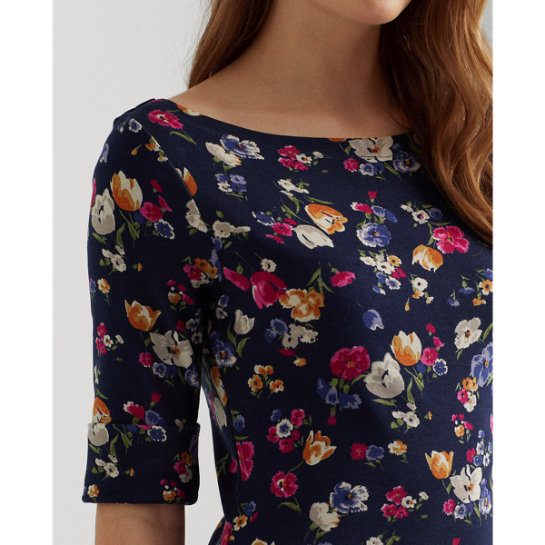 Refined Navy Multi Floral Stretch Cotton Midi Dress Lauren 6