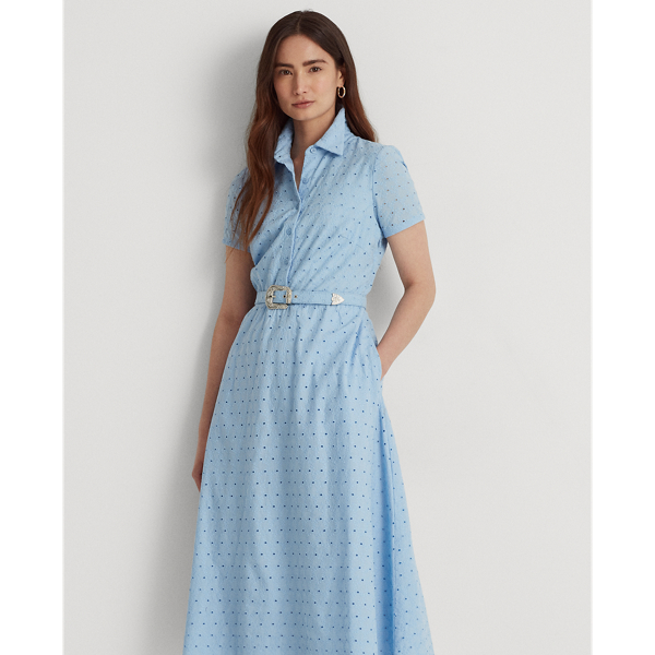 Light Sky Blue Belted Eyelet Cotton Shirtdress Lauren Petite 3