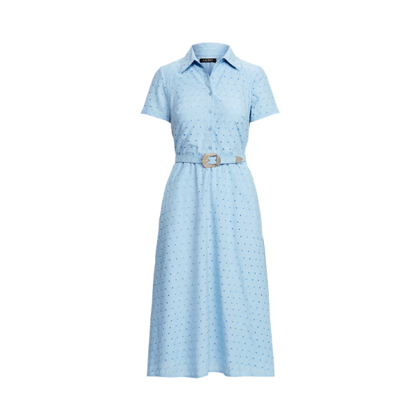 Light Sky Blue Belted Eyelet Cotton Shirtdress Lauren Petite 2