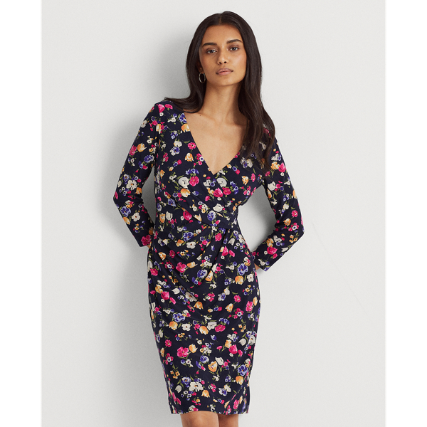 Navy/Pink/Multi Floral Jersey Surplice Dress Lauren Petite 4
