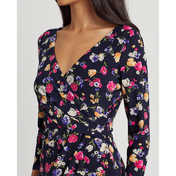 Navy/Pink/Multi Floral Jersey Surplice Dress Lauren Petite 6