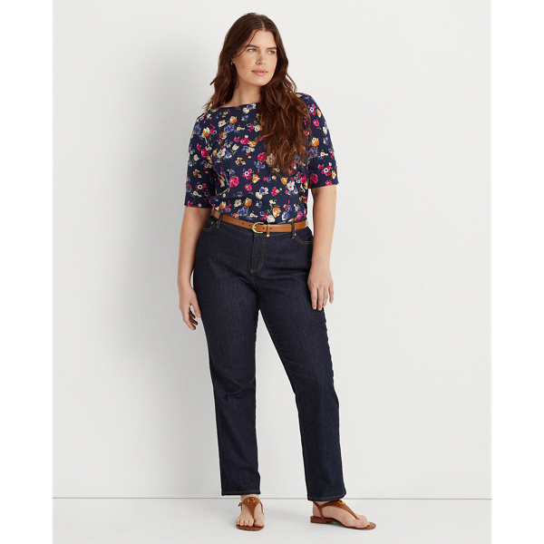 Refined Navy Multi Floral Cotton-Blend Boatneck Top Lauren Woman 4
