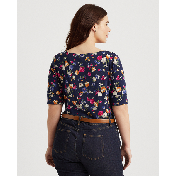 Refined Navy Multi Floral Cotton-Blend Boatneck Top Lauren Woman 5