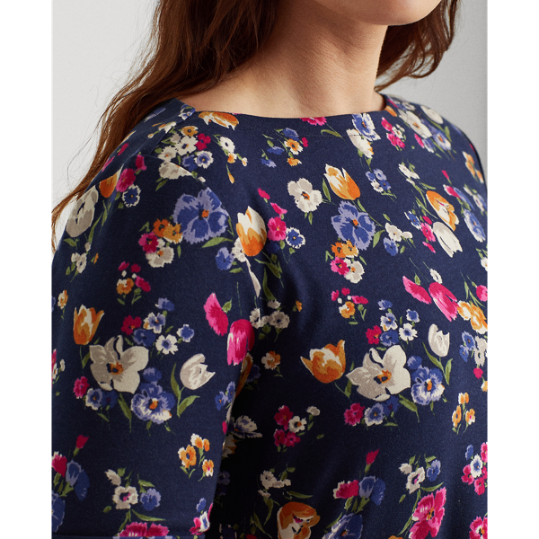 Refined Navy Multi Floral Cotton-Blend Boatneck Top Lauren Woman 6