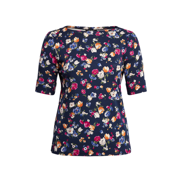 Refined Navy Multi Floral Cotton-Blend Boatneck Top Lauren Woman 2