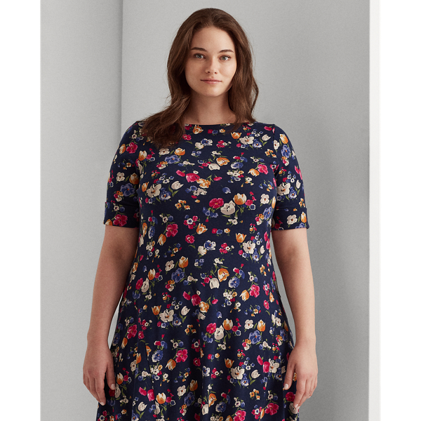 Refined Navy Multi Floral Stretch Cotton Midi Dress Lauren Woman 4