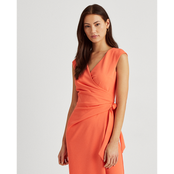 Regal Coral Crepe Wrap-Style Dress Lauren 4