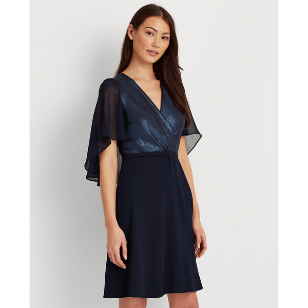Lighthouse Navy Sequined Cape-Sleeve Chiffon Dress Lauren 4