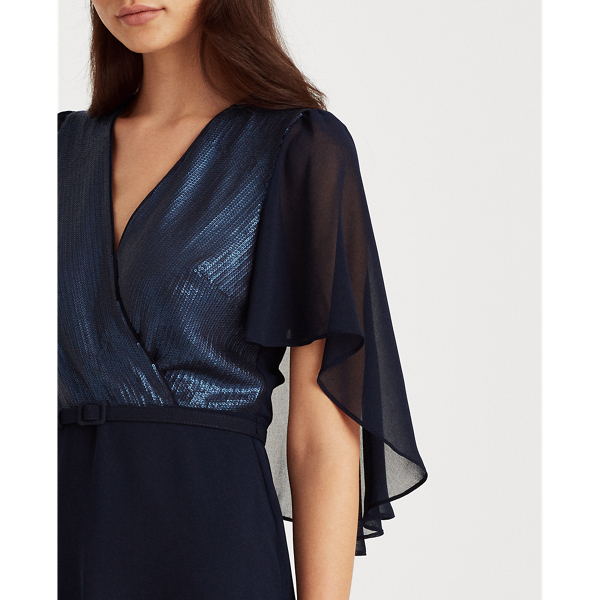 Lighthouse Navy Sequined Cape-Sleeve Chiffon Dress Lauren 6