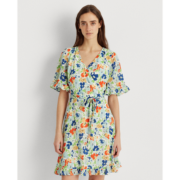 Colonial Cream/Blue/Multi Floral Crepe Dress Lauren 3