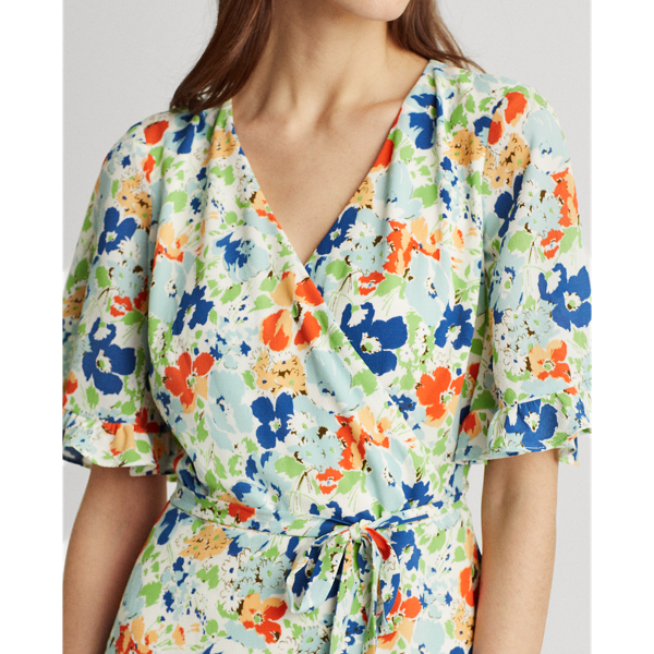 Colonial Cream/Blue/Multi Floral Crepe Dress Lauren 5