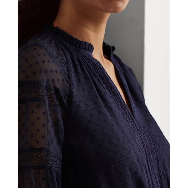 Lighthouse Navy Polka-Dot Lace-Trim Dobby Dress Lauren 6