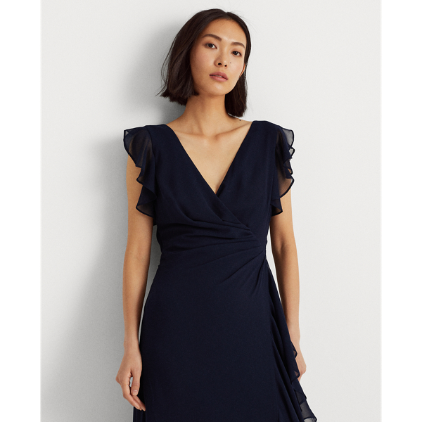 Lighthouse Navy Ruffle-Trim Georgette Gown Lauren 4