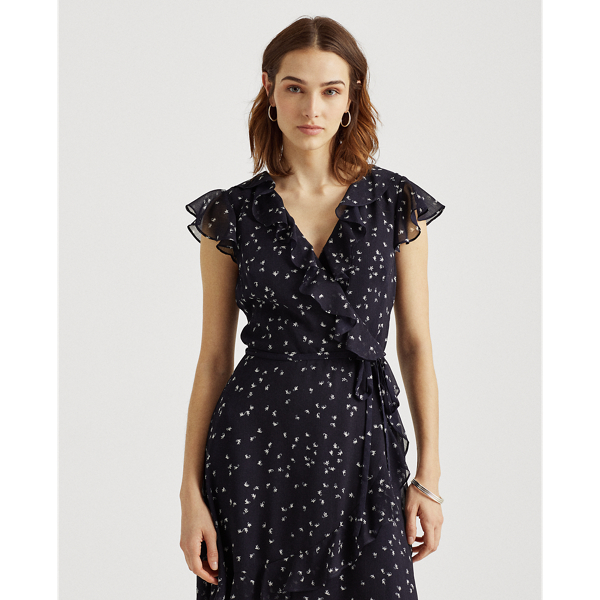 Navy/Cream Print Ruffle-Trim Georgette Dress Lauren 4