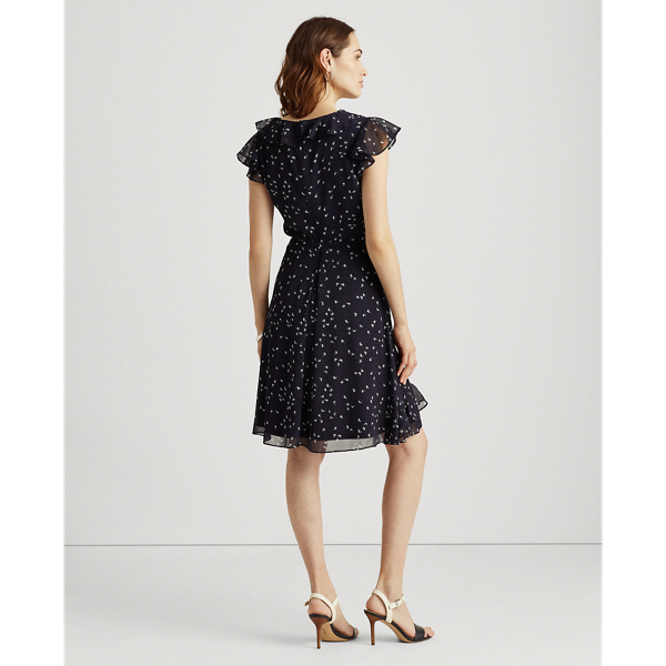 Navy/Cream Print Ruffle-Trim Georgette Dress Lauren 5