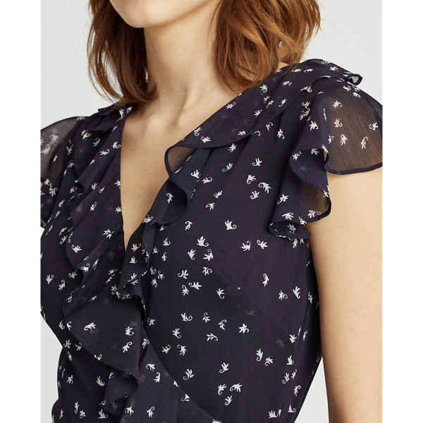 Navy/Cream Print Ruffle-Trim Georgette Dress Lauren 6