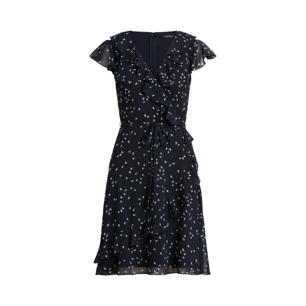 Navy/Cream Print Ruffle-Trim Georgette Dress Lauren 2