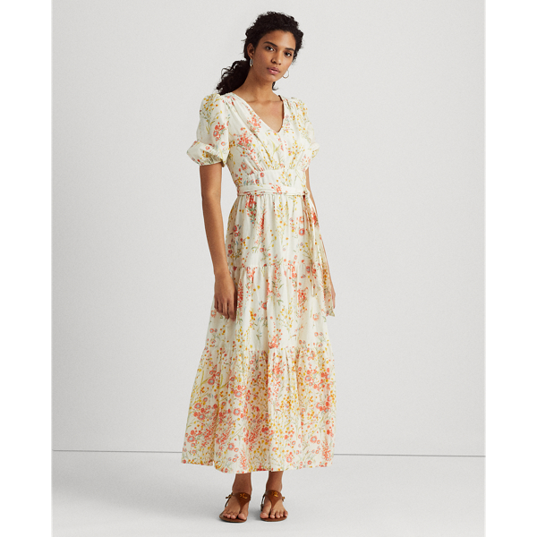 Cream/Coral/Multi Floral Cotton Voile Maxidress Lauren 4