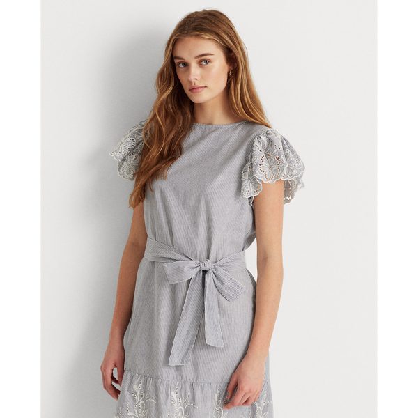 Blue/White/White Flutter-Sleeve Cotton Eyelet Dress Lauren 4
