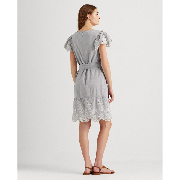 Blue/White/White Flutter-Sleeve Cotton Eyelet Dress Lauren 5