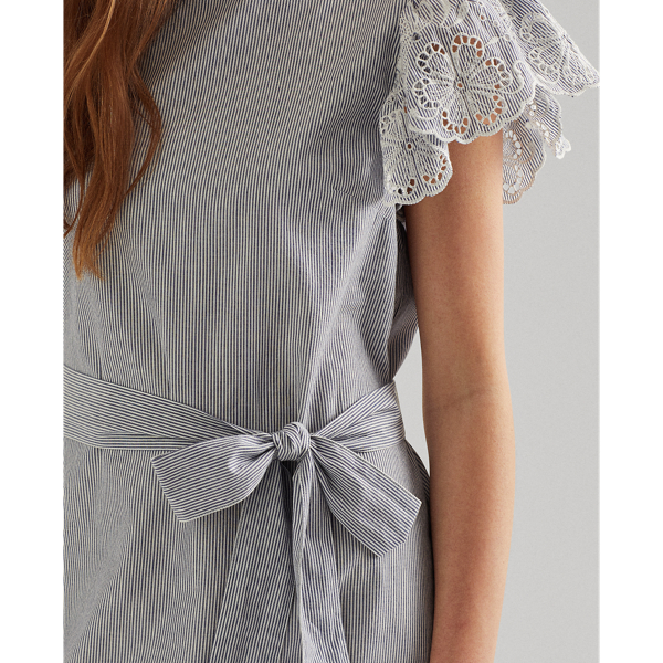 Blue/White/White Flutter-Sleeve Cotton Eyelet Dress Lauren 6