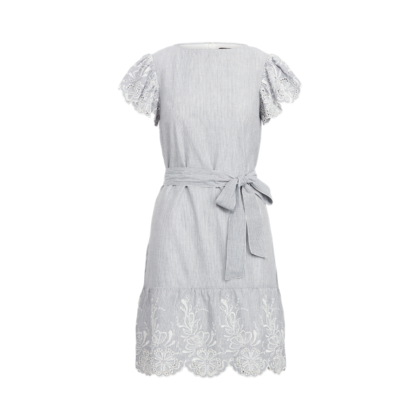 Blue/White/White Flutter-Sleeve Cotton Eyelet Dress Lauren 2