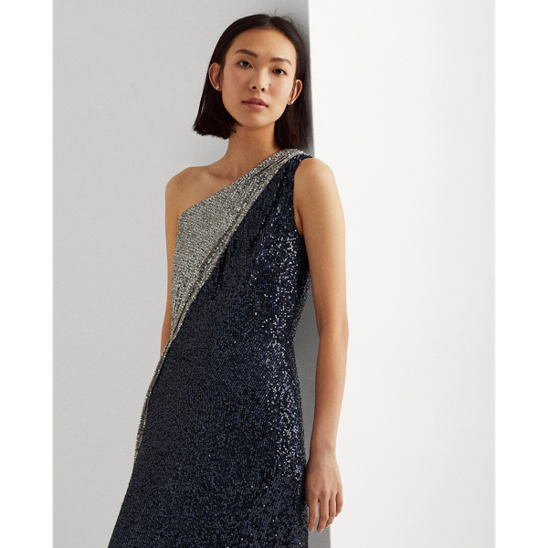 Lighthouse Navy Two-Tone Sequined One-Shoulder Gown Lauren 3