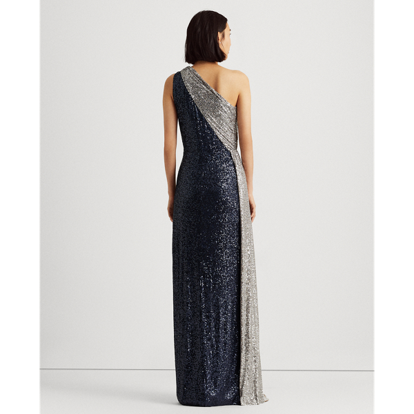 Lighthouse Navy Two-Tone Sequined One-Shoulder Gown Lauren 4