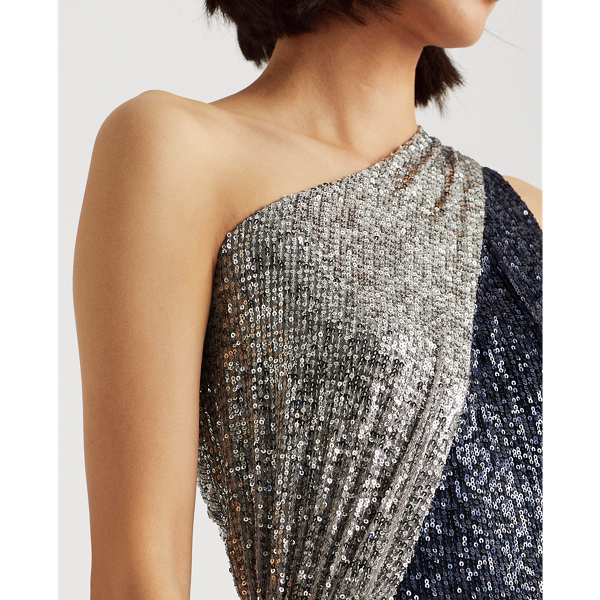 Lighthouse Navy Two-Tone Sequined One-Shoulder Gown Lauren 5
