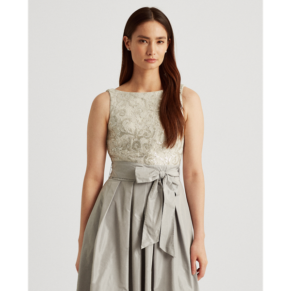 Liquid Silver/Silver Lace-Taffeta Sleeveless Gown Lauren 4